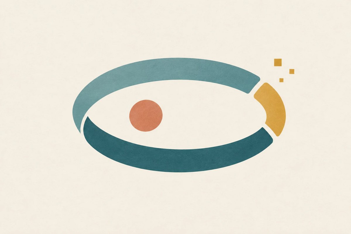 A wide teal ring, lighter above and darker below, with a gold segment at its right end, a coral circle inside it and three small gold squares drifting off to the upper right