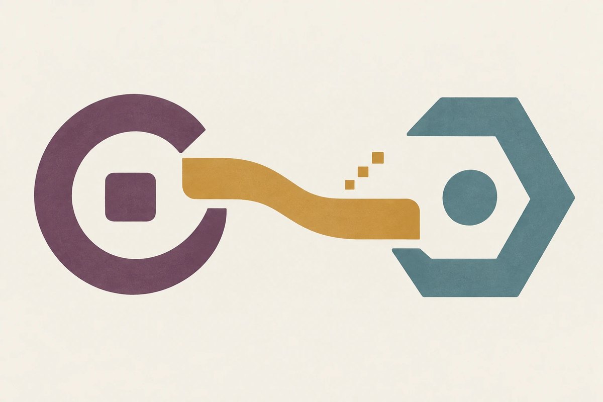 A purple open ring with a small square inside, joined by a curving gold bridge to a teal hexagonal shape with a circle inside, and three small gold squares beside the bridge