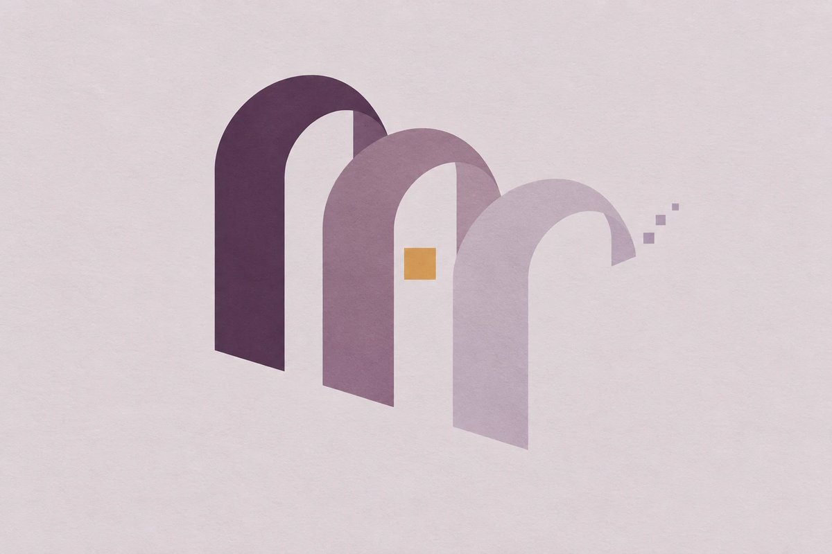 Three arches in graduating shades of purple, receding like doorways, with a small gold square in the middle one