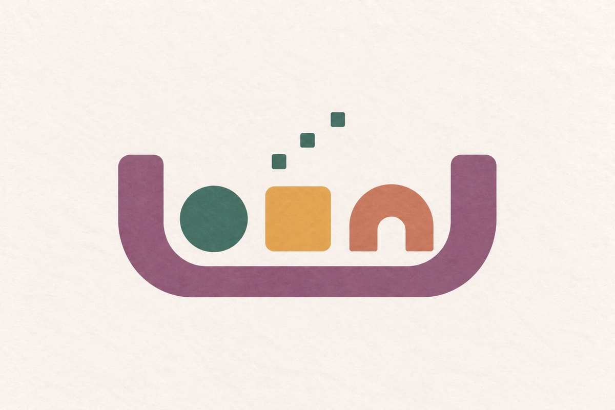 A wide purple bowl-shaped curve holding a green circle, a gold rounded square and a terracotta arch, with three small green squares rising above the gold square
