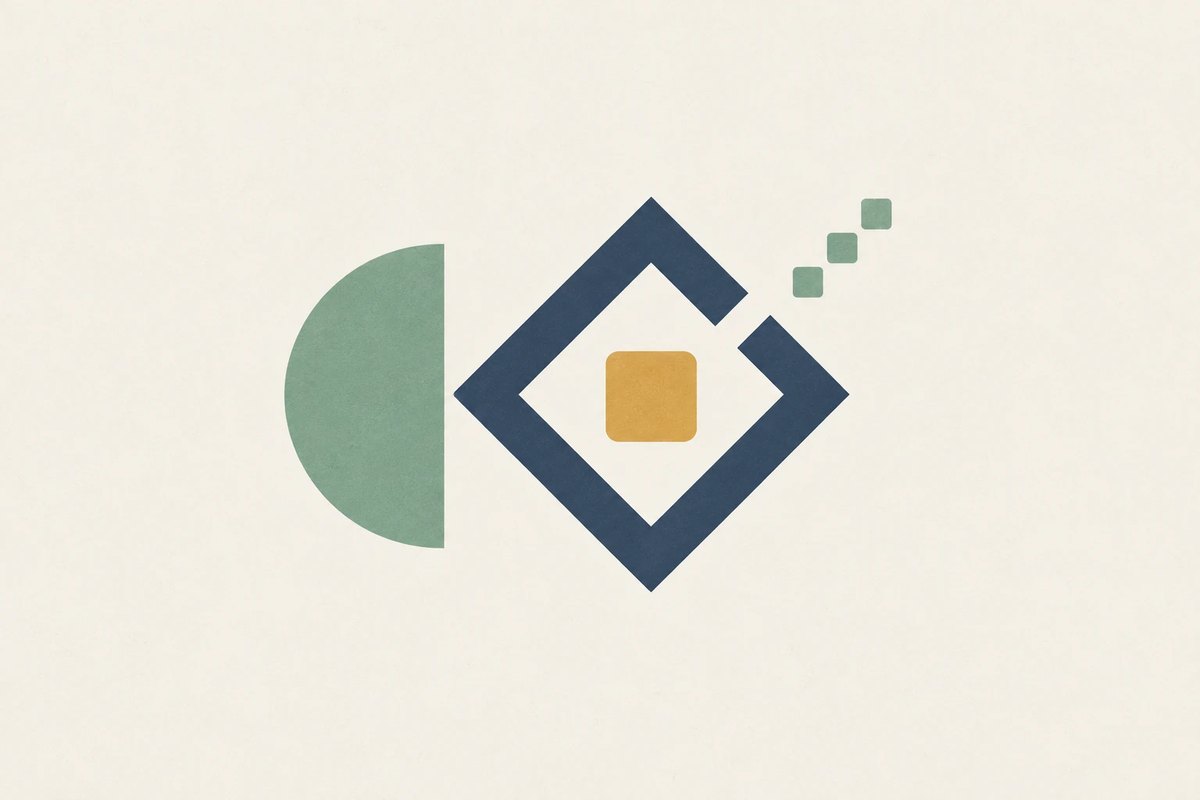 A blue diamond outline open at its upper right, with a gold square inside, a green half-circle to its left and three small green squares trailing off to the upper right