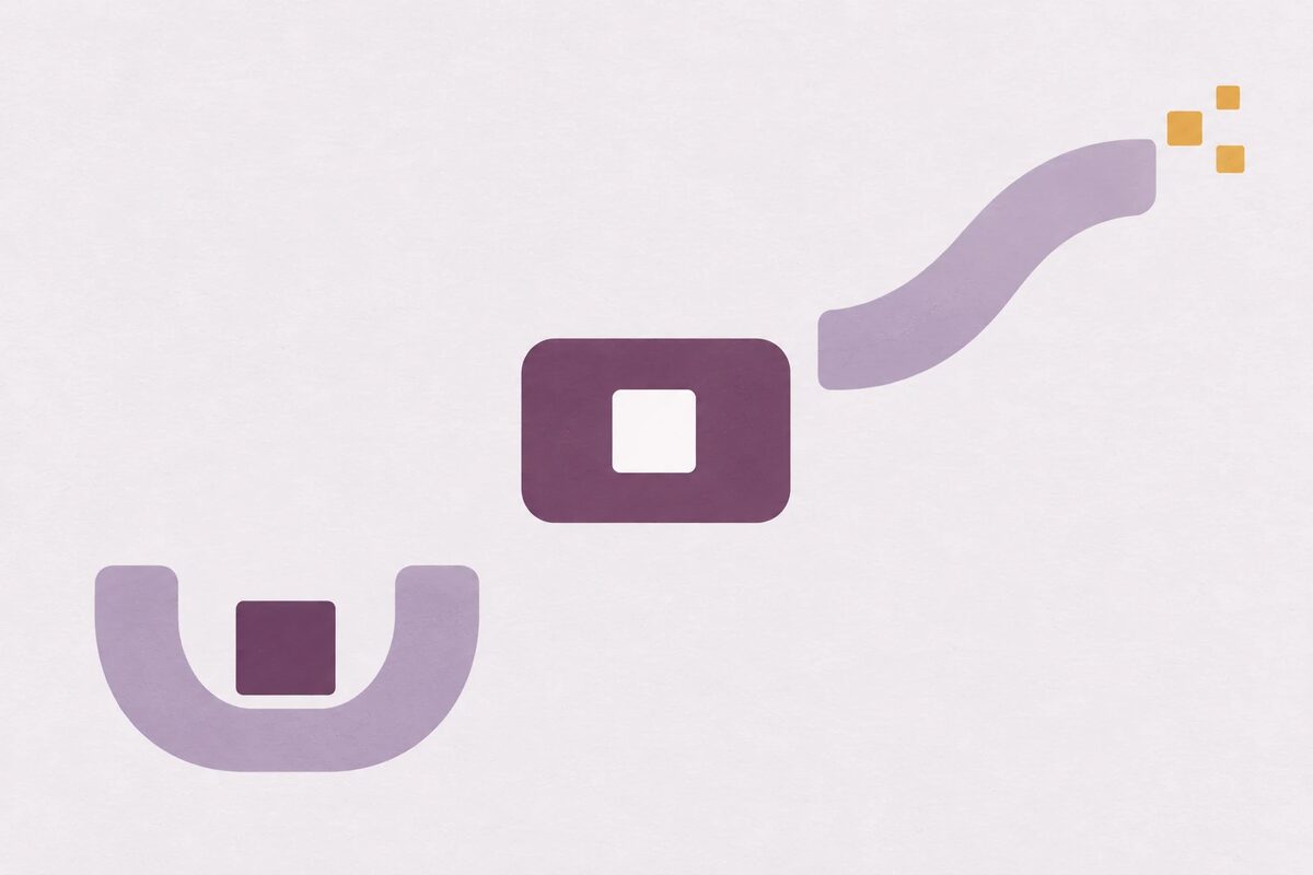 A purple arch cradling a small dark square, a dark plum block with a white square at its centre, and a pale ribbon rising to the right and ending in three small gold squares