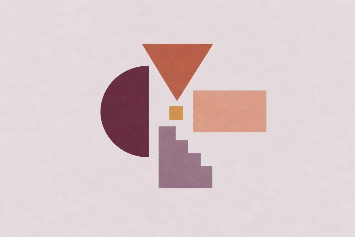 Four distinct shapes — a maroon half-circle, a terracotta triangle, a peach rectangle and a purple stepped block — gathered around a small gold square