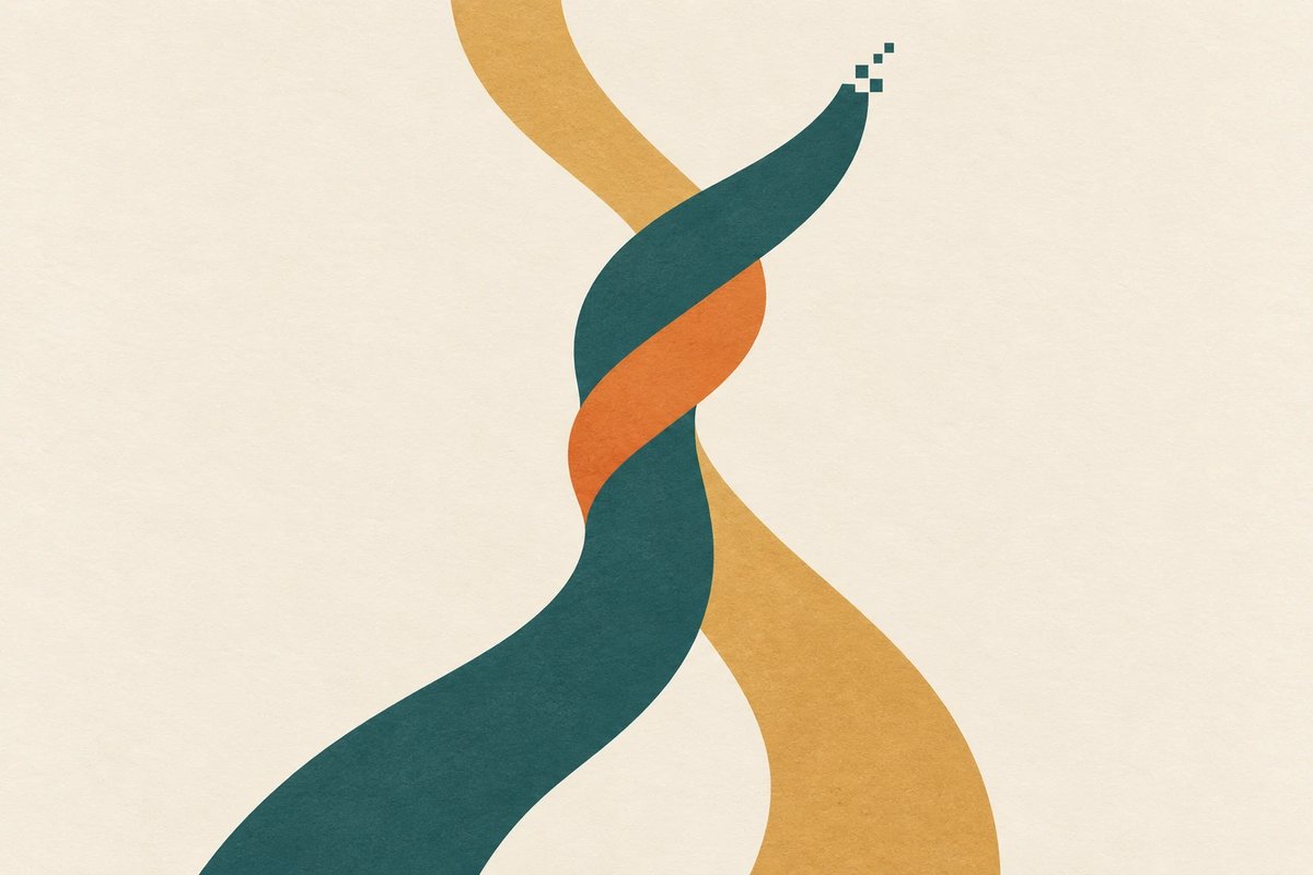 Teal and gold ribbons twisting around each other, with an orange strand at the crossing