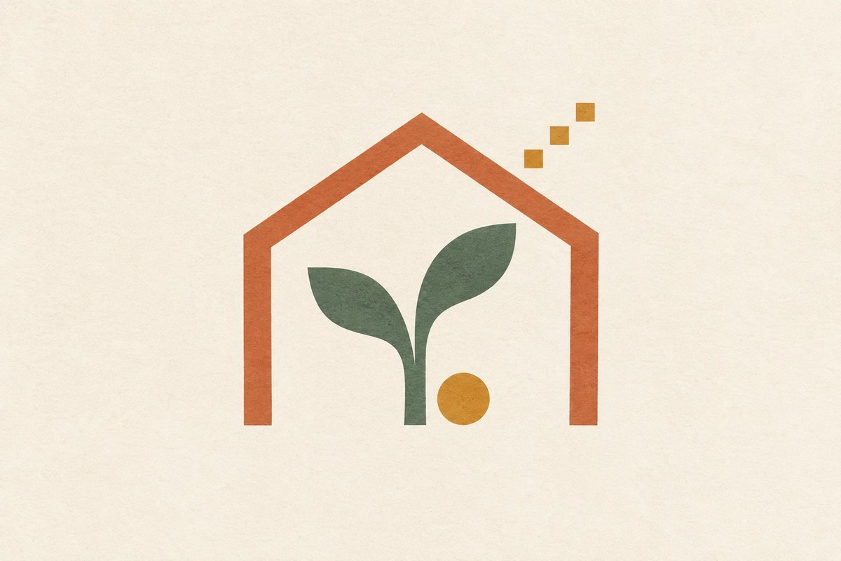 A terracotta house outline with a green two-leafed seedling growing inside it and a gold seed beside the stem, with three small gold squares rising from the roof like a chimney
