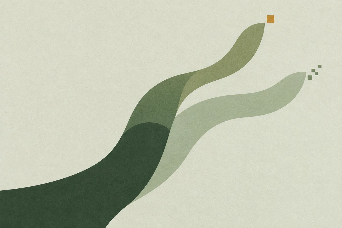 Layered green ribbons rising and unfurling, ending in a small gold square
