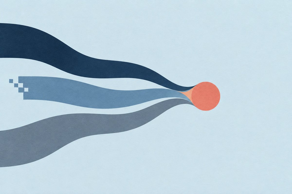 Three bands of blue flowing in from the left and converging into a single coral circle
