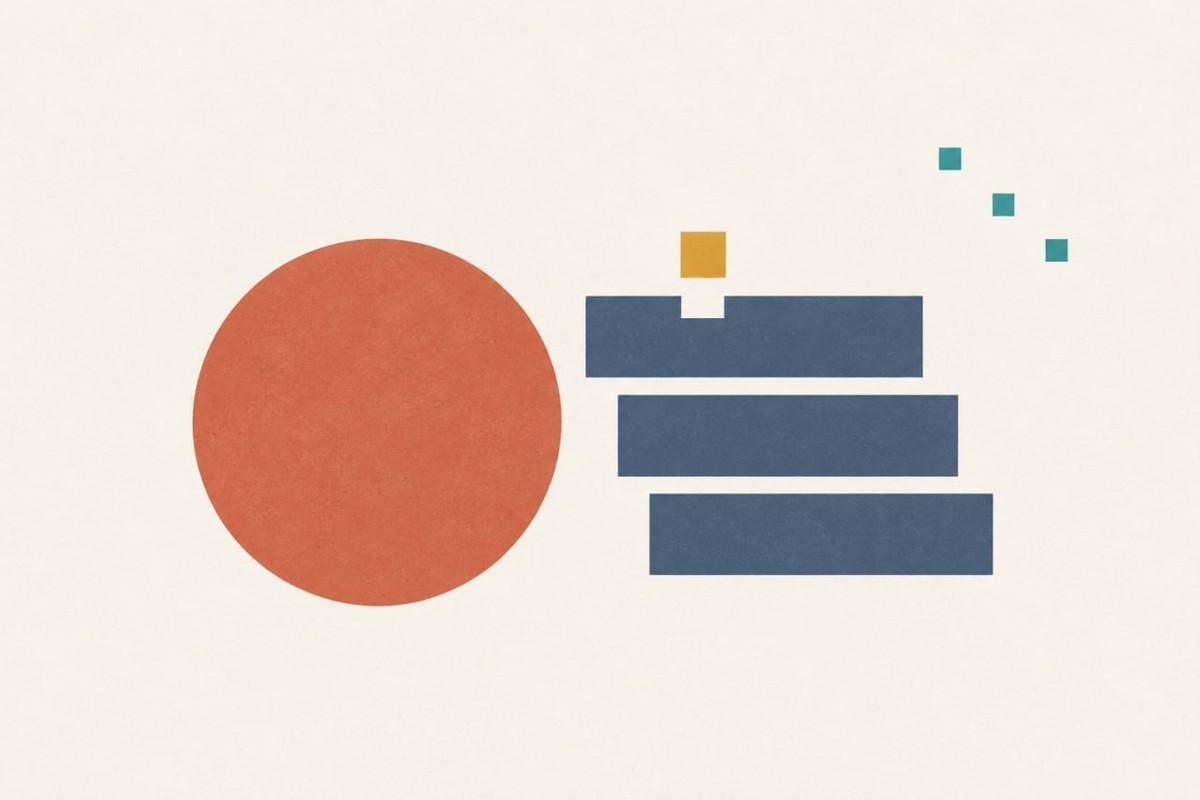 A coral circle facing three stacked dark blue bars, with a gold square and a trail of small teal squares rising above them