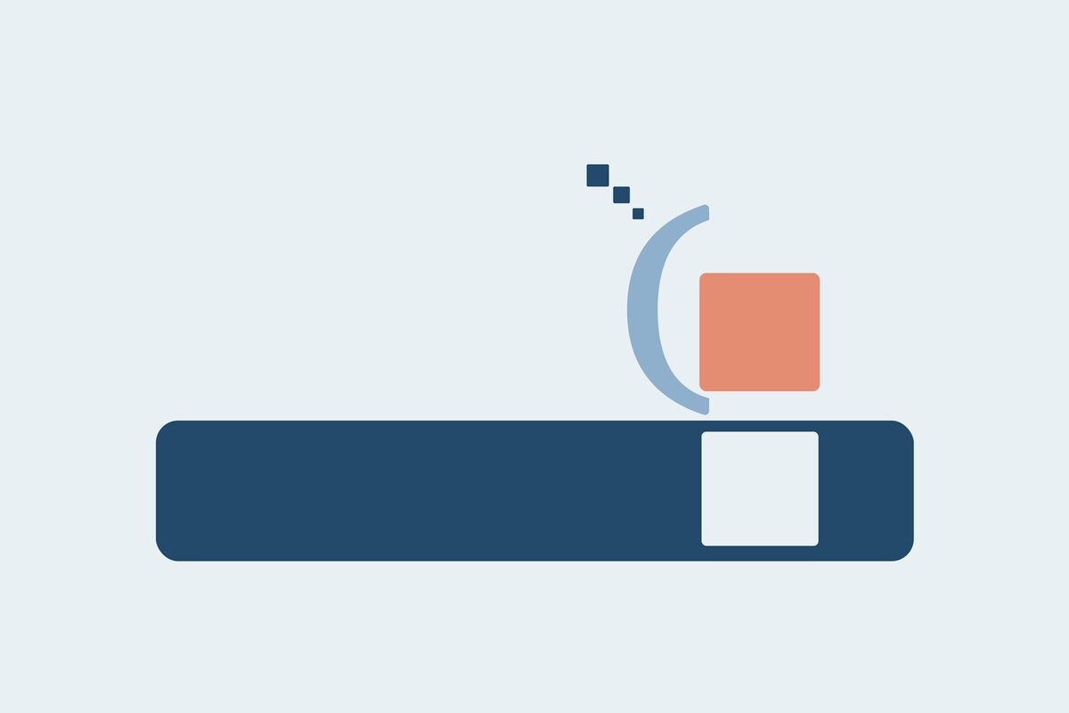 A long dark blue bar with a pale square set into its right end, topped by a light blue crescent beside a coral square, with three small dark blue squares trailing off to the upper left