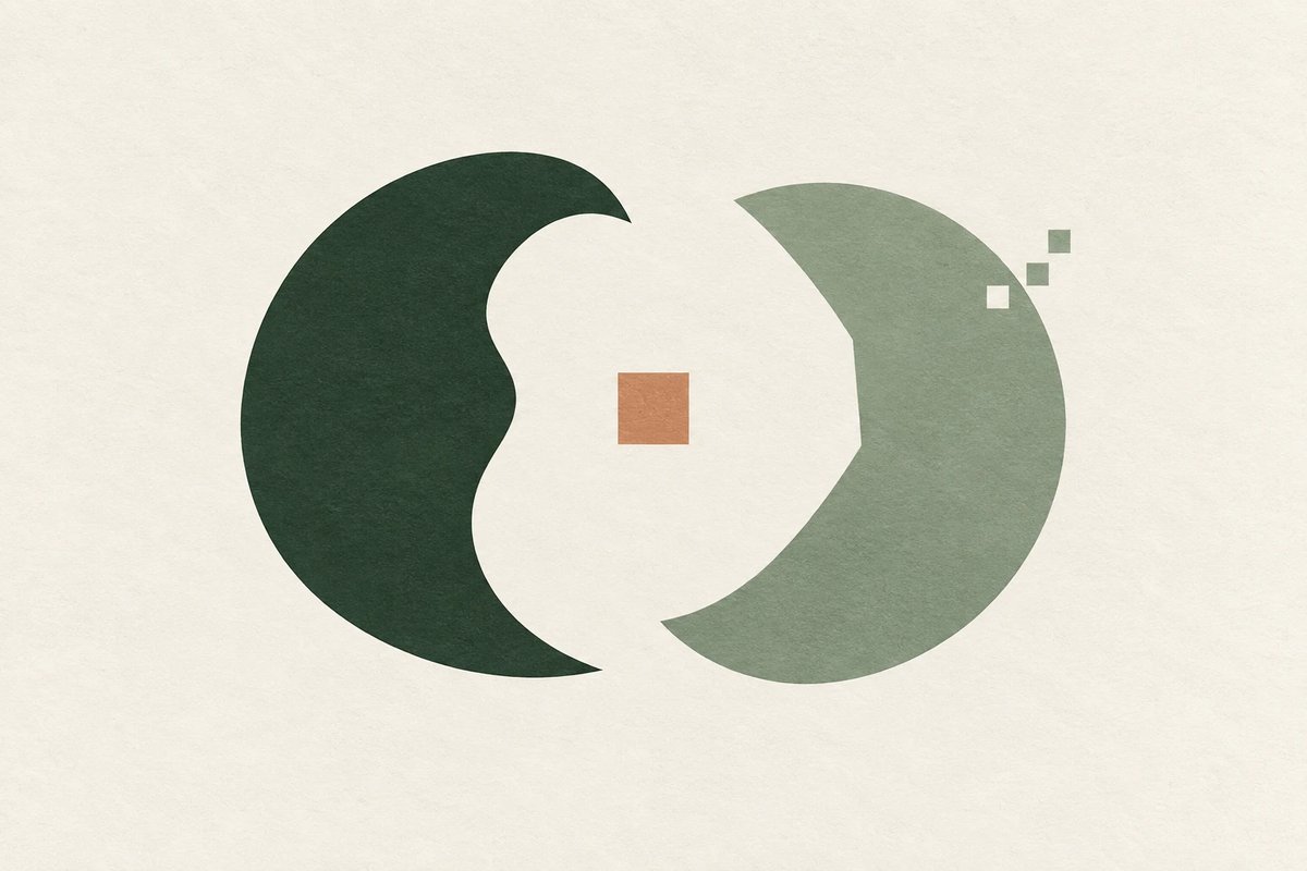 Two facing crescents, one dark green and one sage, with a small orange square between them