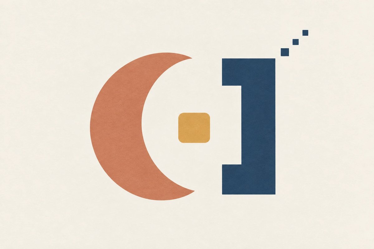 A large terracotta crescent facing a tall dark blue bracket-shaped block, with a small gold rounded square between them and three small dark blue squares rising to the upper right