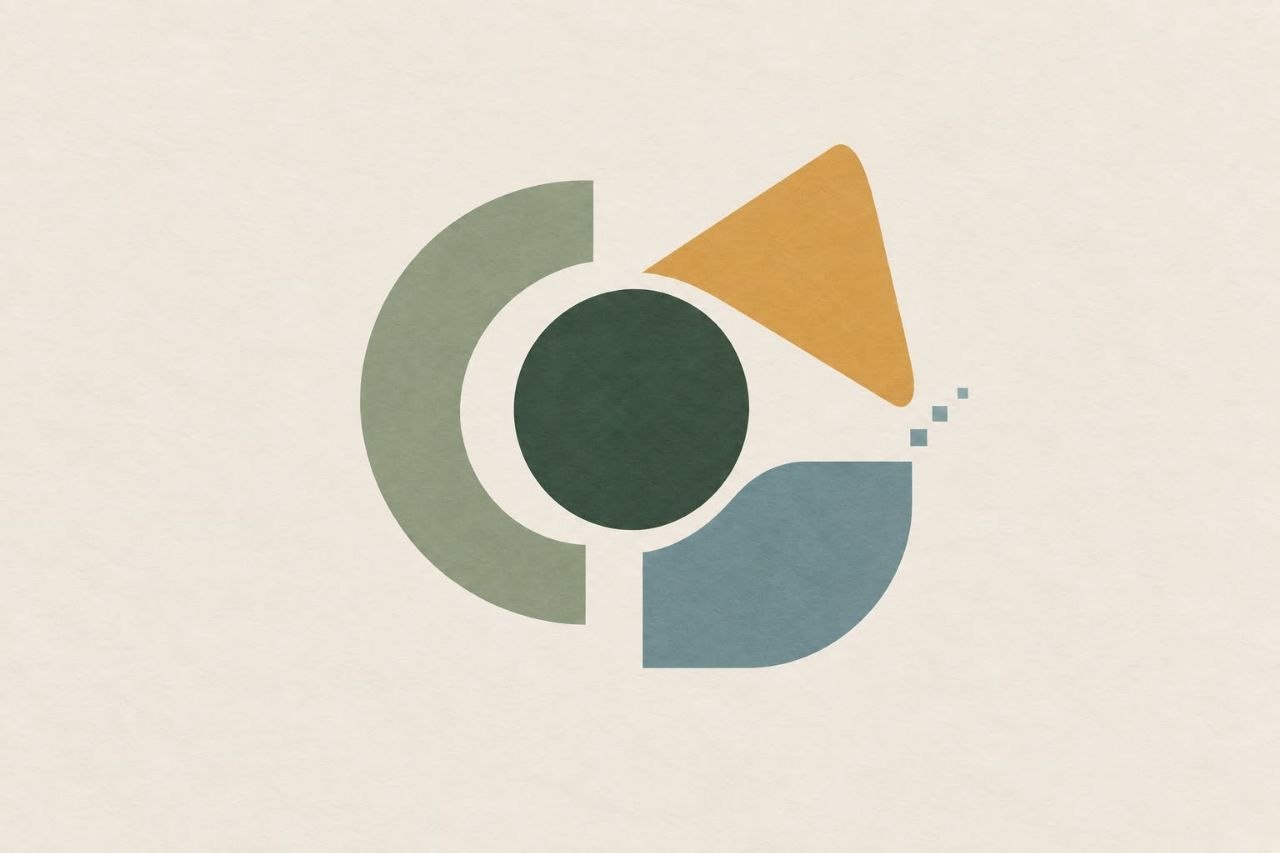 An abstract mark: a solid dark green circle at the centre, wrapped by a sage-green ring on the left, an orange triangle and a muted blue curve on the right, with three small blue squares trailing off like particles