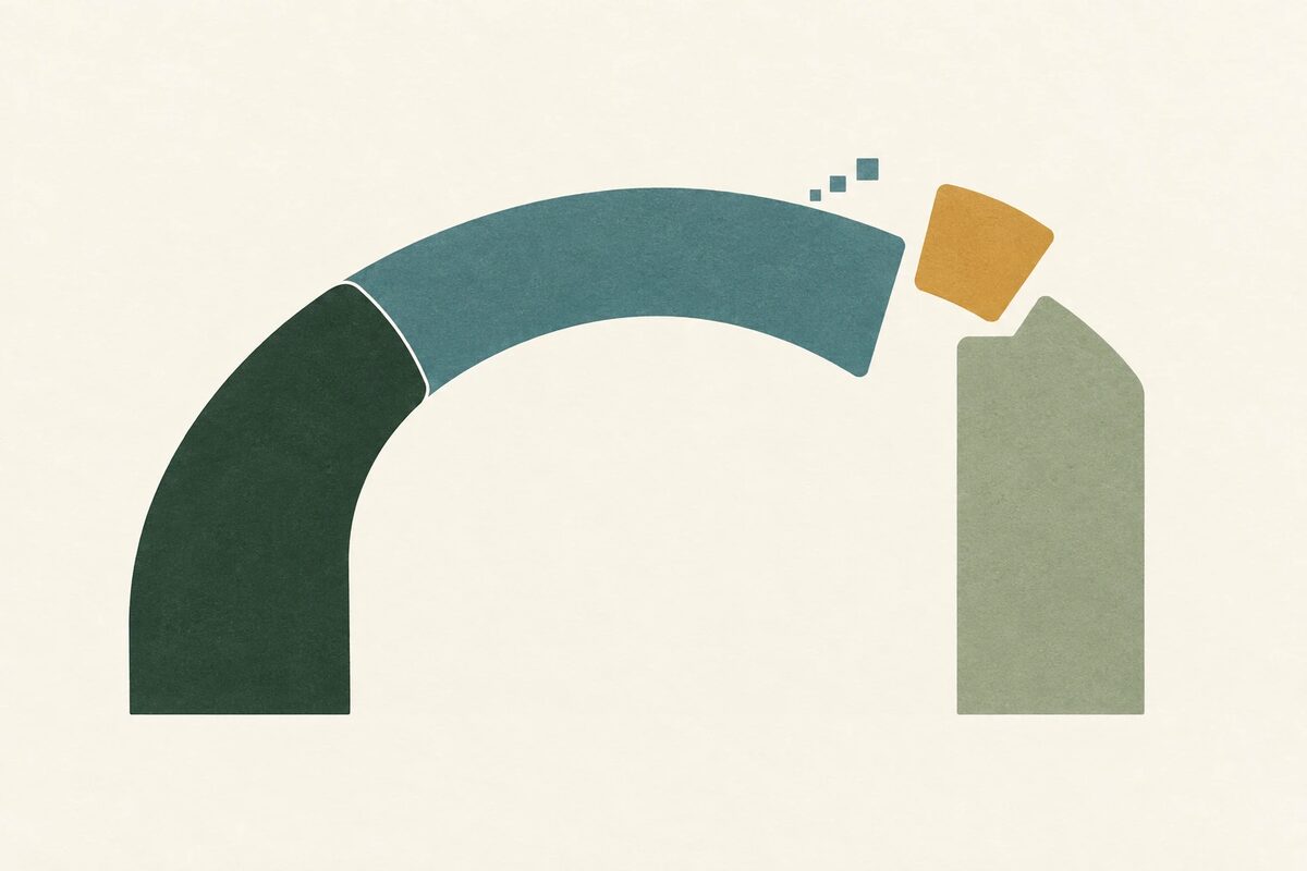 A dark green arch rising on the left and joined to a teal arch that curves across to the right, where a gold block is set between its end and a sage green pillar, with three small teal squares drifting off the arch