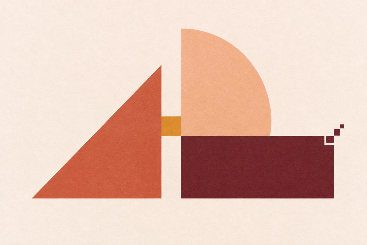 A terracotta triangle, a peach quarter-circle and a maroon block joined by a small gold bridge